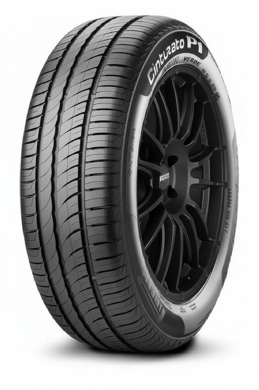 A black Pirelli Cinturato P7 tire mounted on a black multi-spoke alloy wheel, shown at a three-quarter angle on a white background.